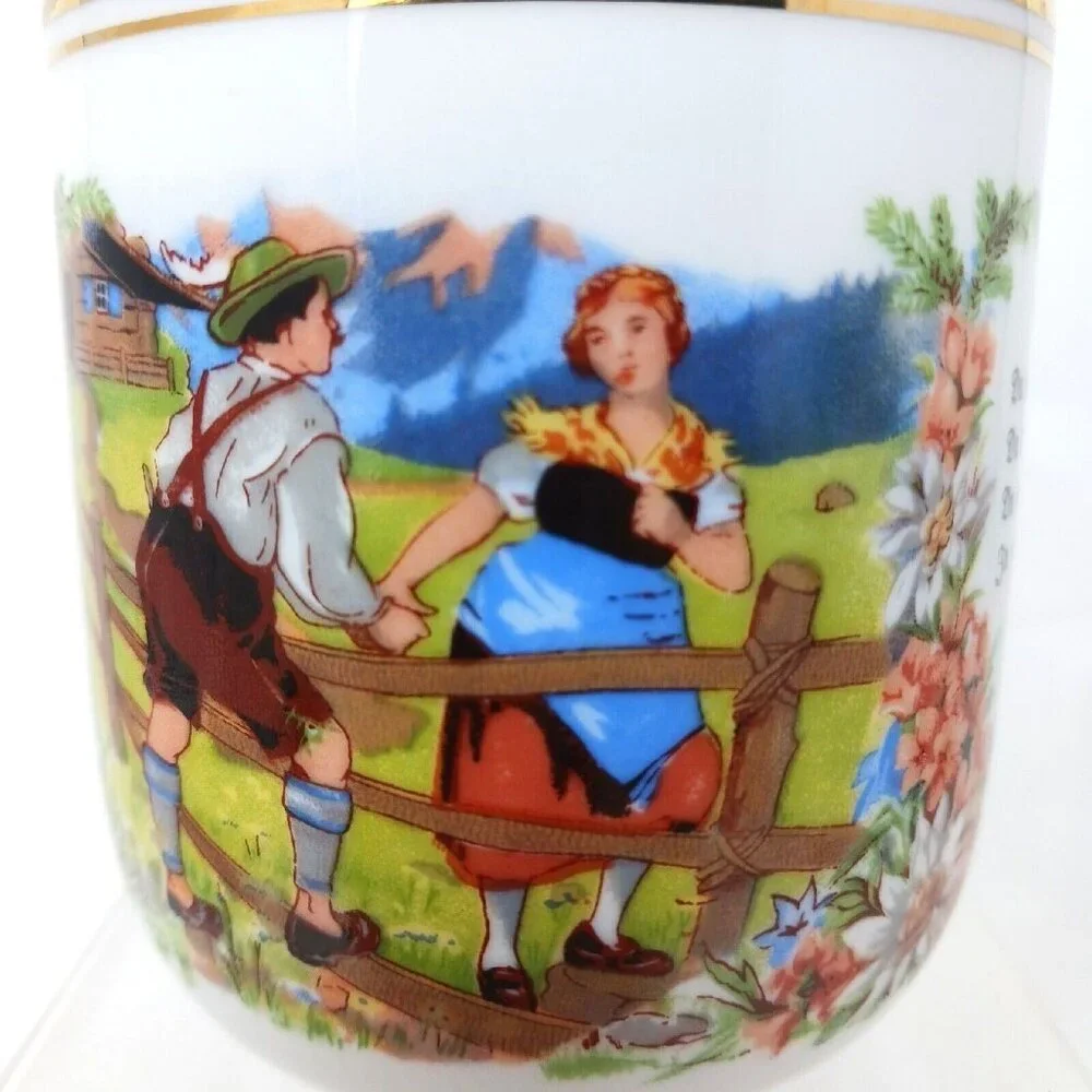 Hungarian Fairy Tale Cup Mug Porcelain Courting Couple Vintage Gold Trimmed #S2